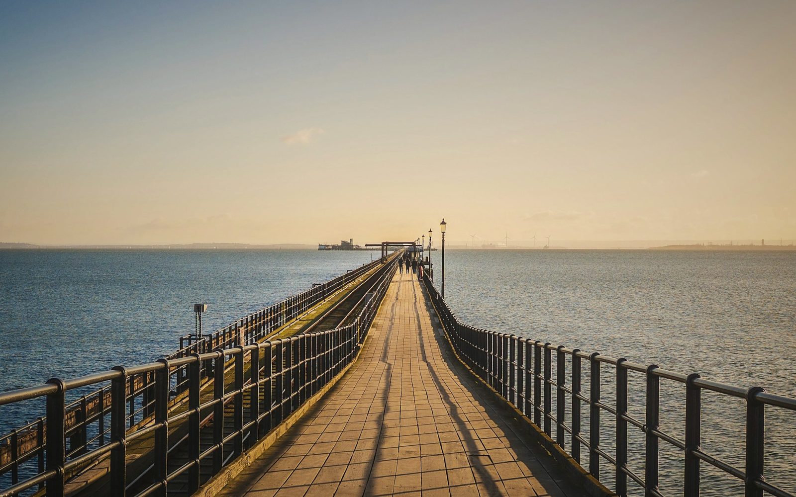 Southend Pier stretching into the estuary at golden hour